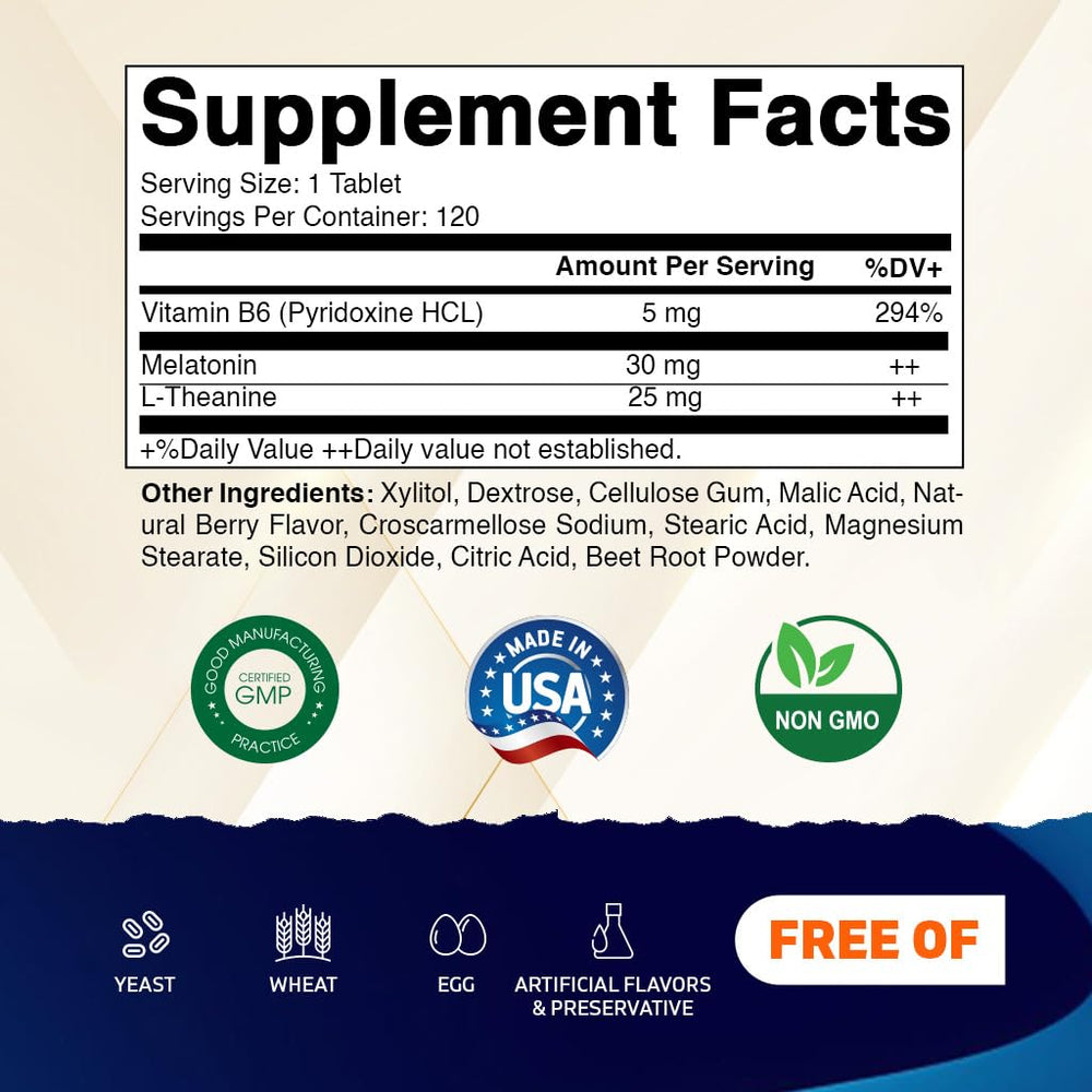 Vitamatic Melatonin bottle back with dosage guidance and ingredients.