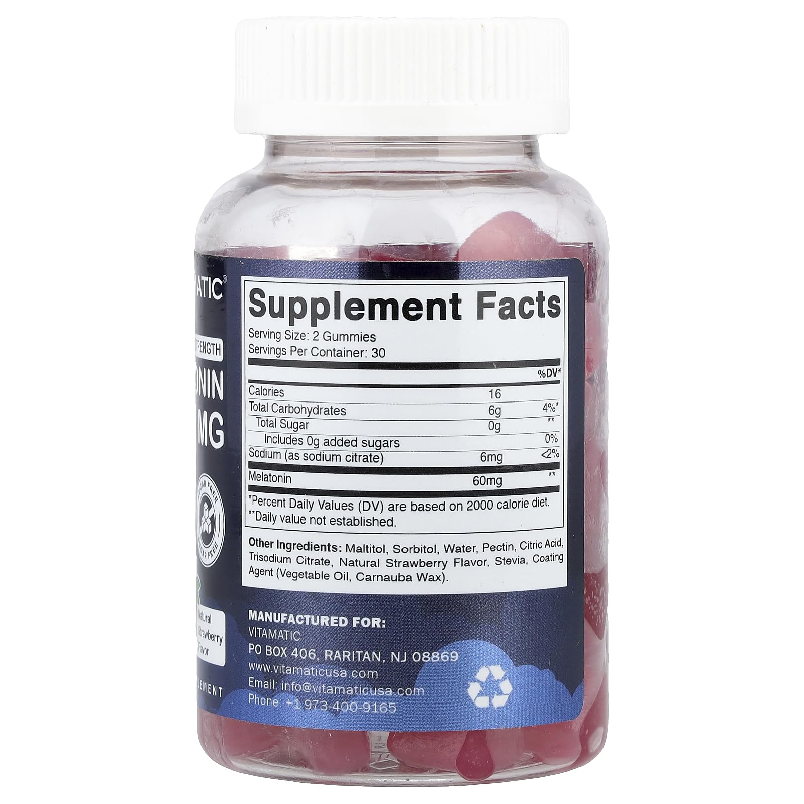 Vitamatic melatonin 60mg vegan gummies close-up highlighting natural strawberry flavor.