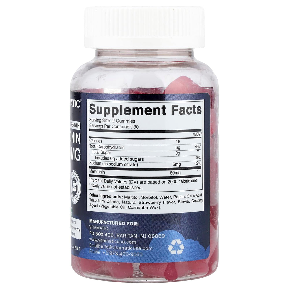 Vitamatic melatonin 60mg vegan gummies close-up highlighting natural strawberry flavor.
