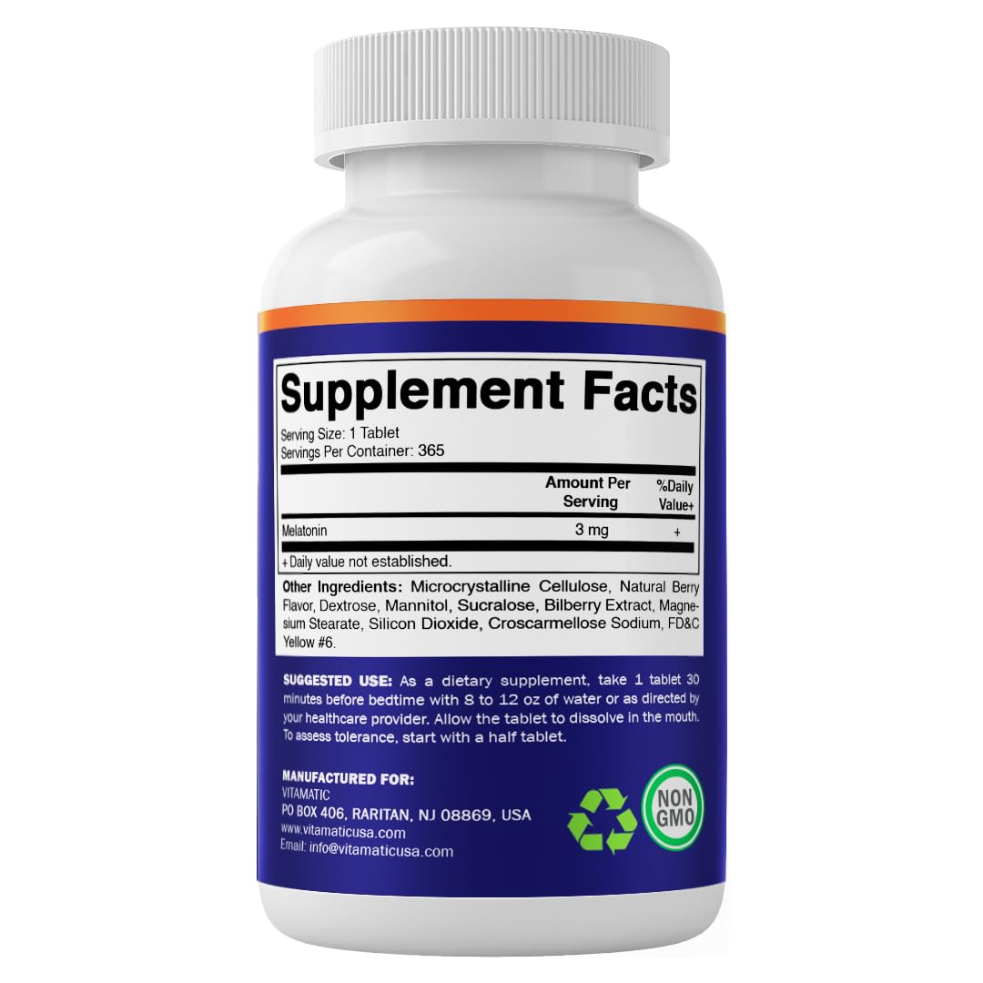 Vitamatic Melatonin bottle close-up with clear labeling and dosage info