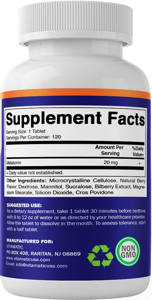 Vitamatic Melatonin bottle shown beside bedtime routine items.