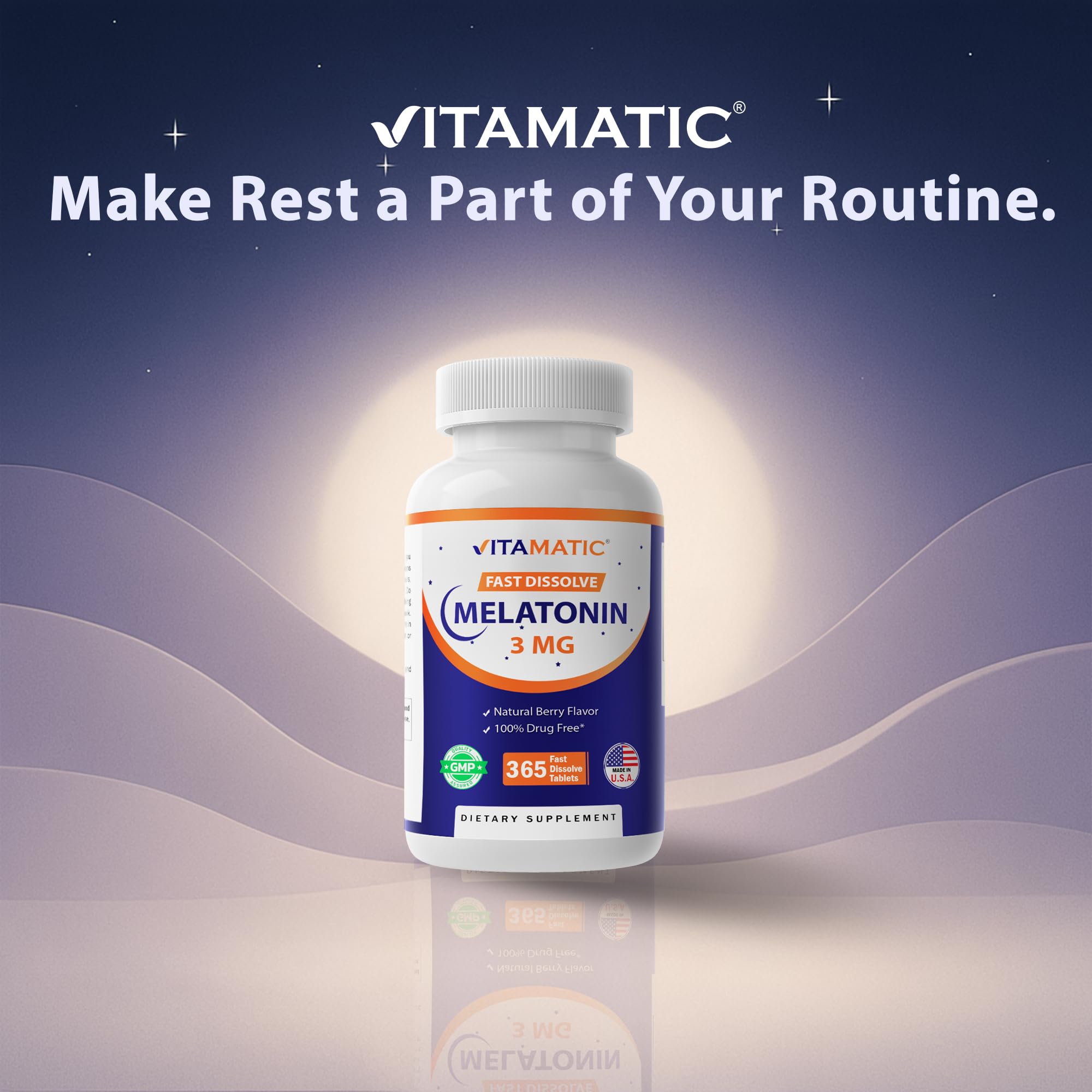 Vitamatic Melatonin Non-GMO label on bottle supports transparency
