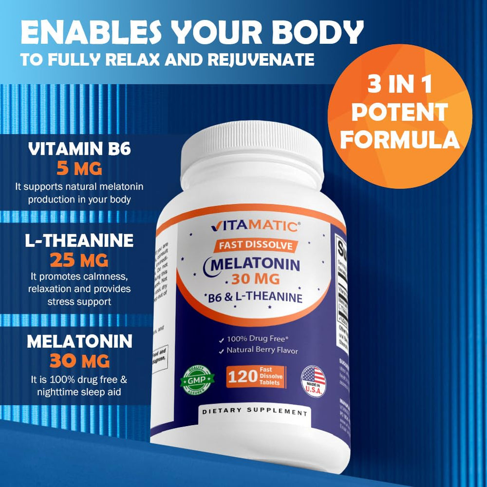 Vitamatic Melatonin packaging box highlighting key product features.