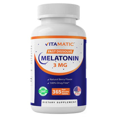 Vitamatic Melatonin berry-flavor tablet close-up for easy nightly routine