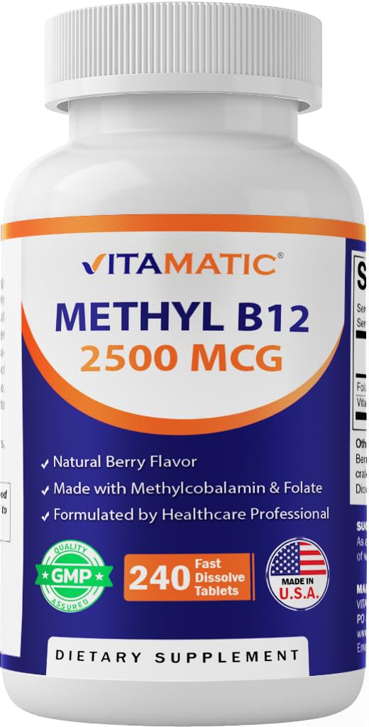 Vitamatic Methyl B12 berry bottle shows convenient daily supplementation.