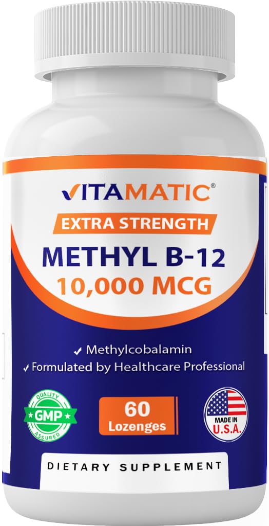 Vitamatic Methyl B12 lozenge packaging shows on-the-go energy support.