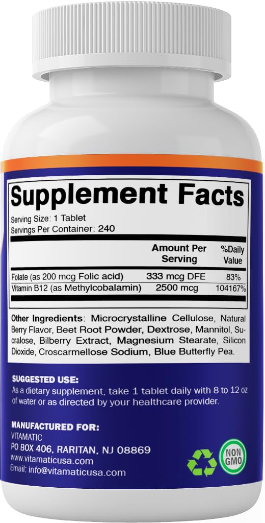 Vitamatic Methyl B12 tablet close-up showing small, fast-dissolving texture.