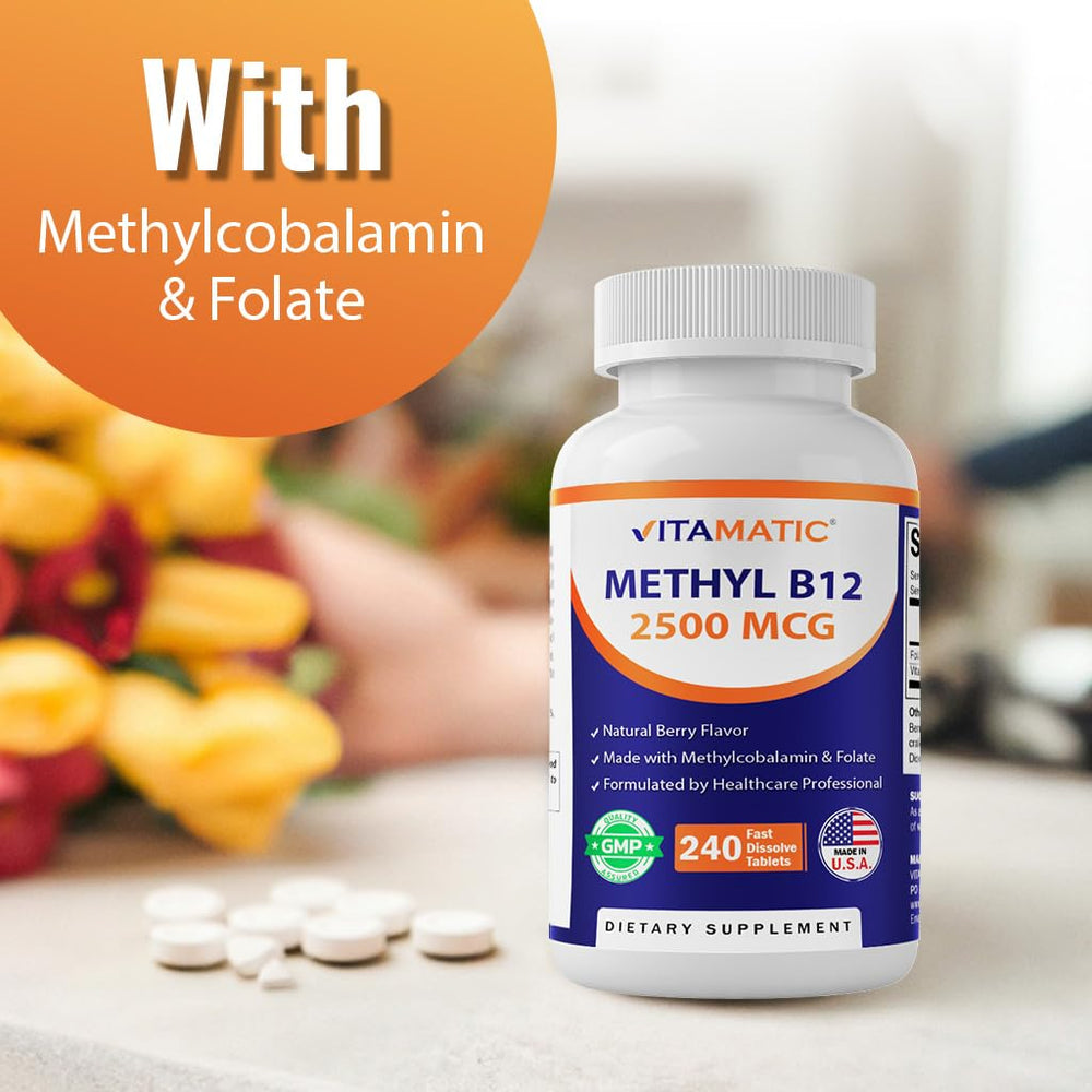 Vitamatic Methyl B12 with folic acid ingredient label highlights nutrient pairing.