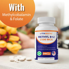 Vitamatic Methyl B12 with folic acid ingredient label highlights nutrient pairing.