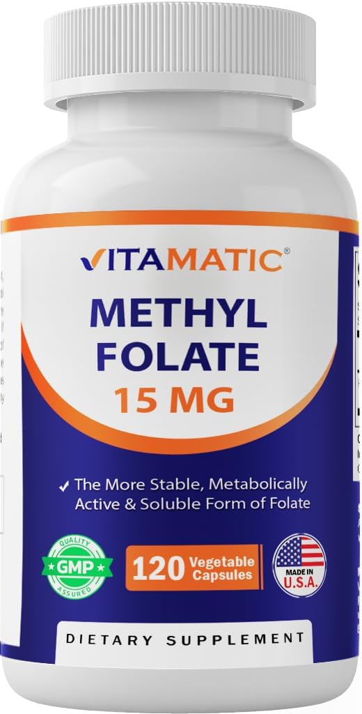 Vitamatic Methyl Folate 15mg bottle for daily folate support.