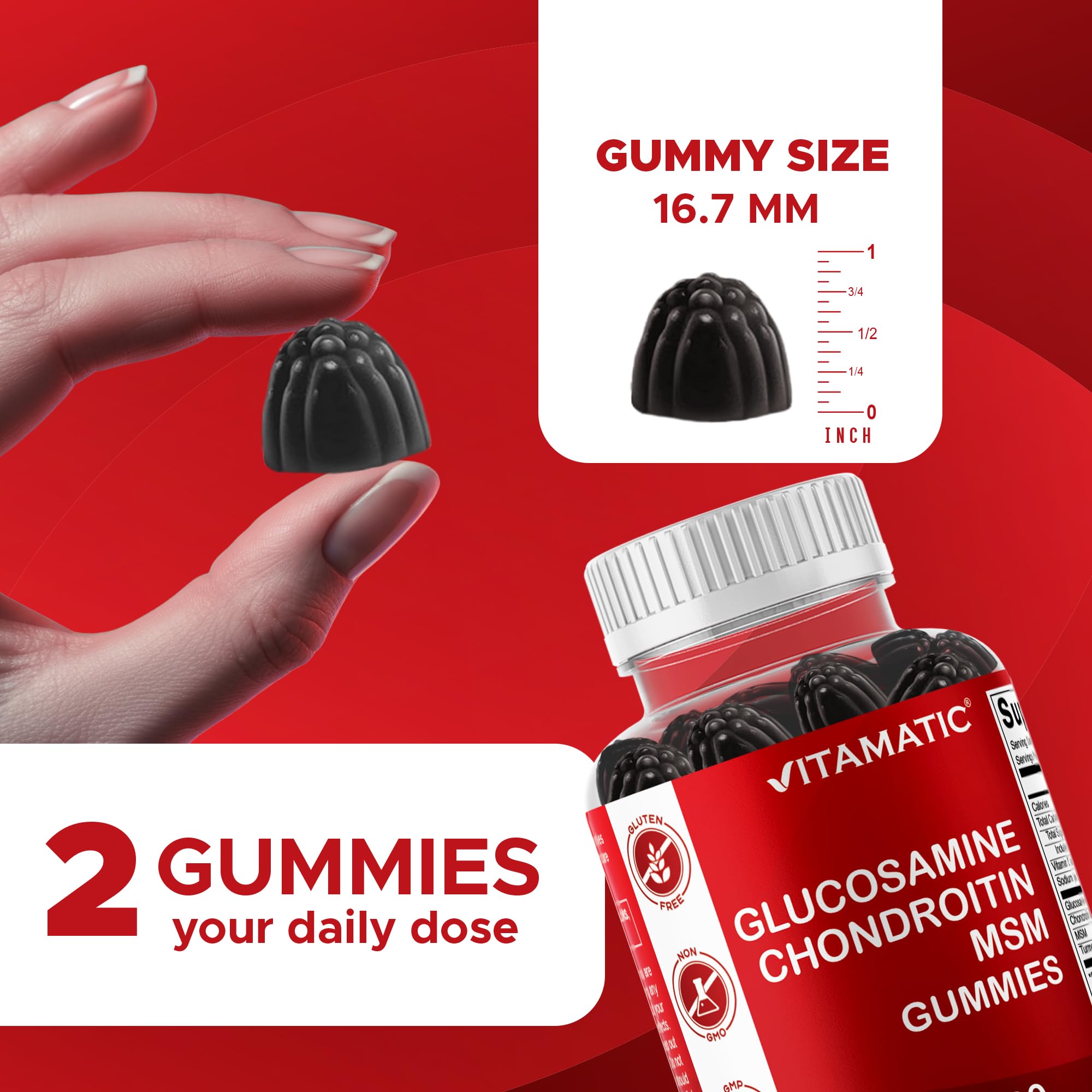 Vitamatic gummies label showing MSM and vitamin E ingredients.
