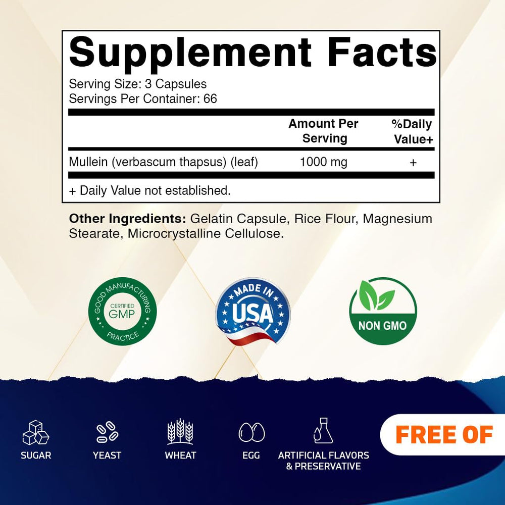 Vitamatic Mullein Leaf label emphasizes natural ingredients and quality.