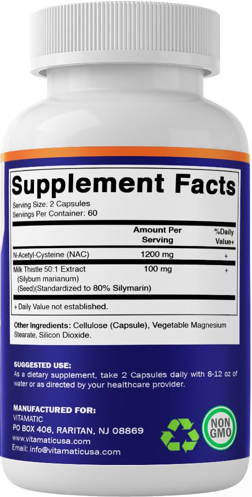 Packaging layout featuring Vitamatic NAC bottle and capsules.