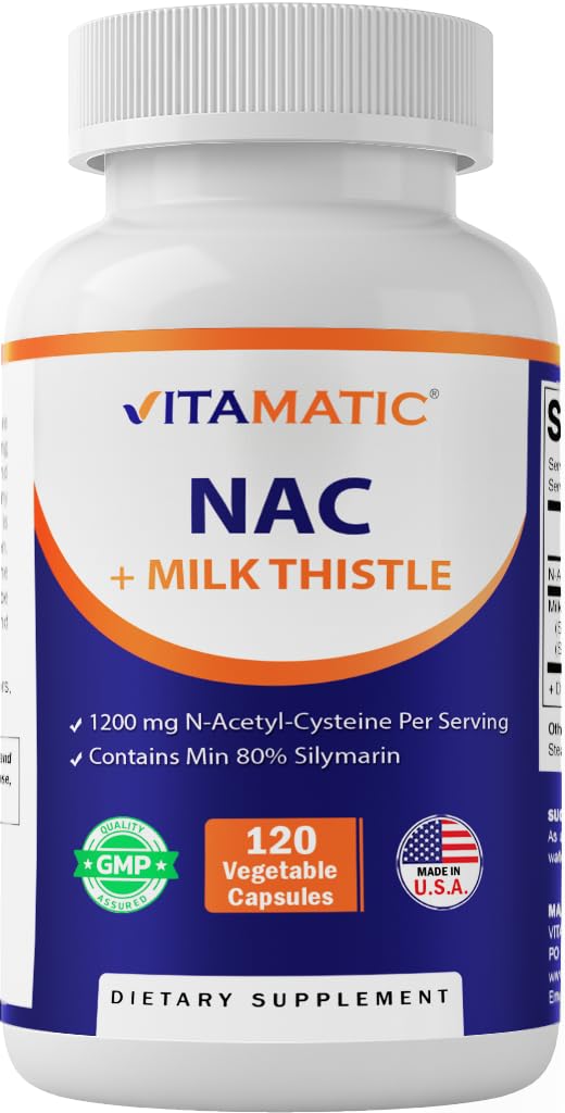 Vitamatic NAC supplement bottle label showing daily antioxidant support.