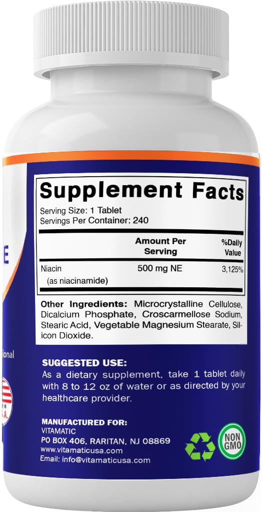 Vitamatic Niacinamide packaging side view shows a 240-tablet supply