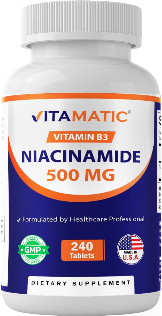 Vitamatic Niacinamide 500 mg bottle showing non-flush formula for comfortable daily use