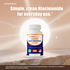 Vitamatic Niacinamide USA-made label emphasizes GMP standards for quality