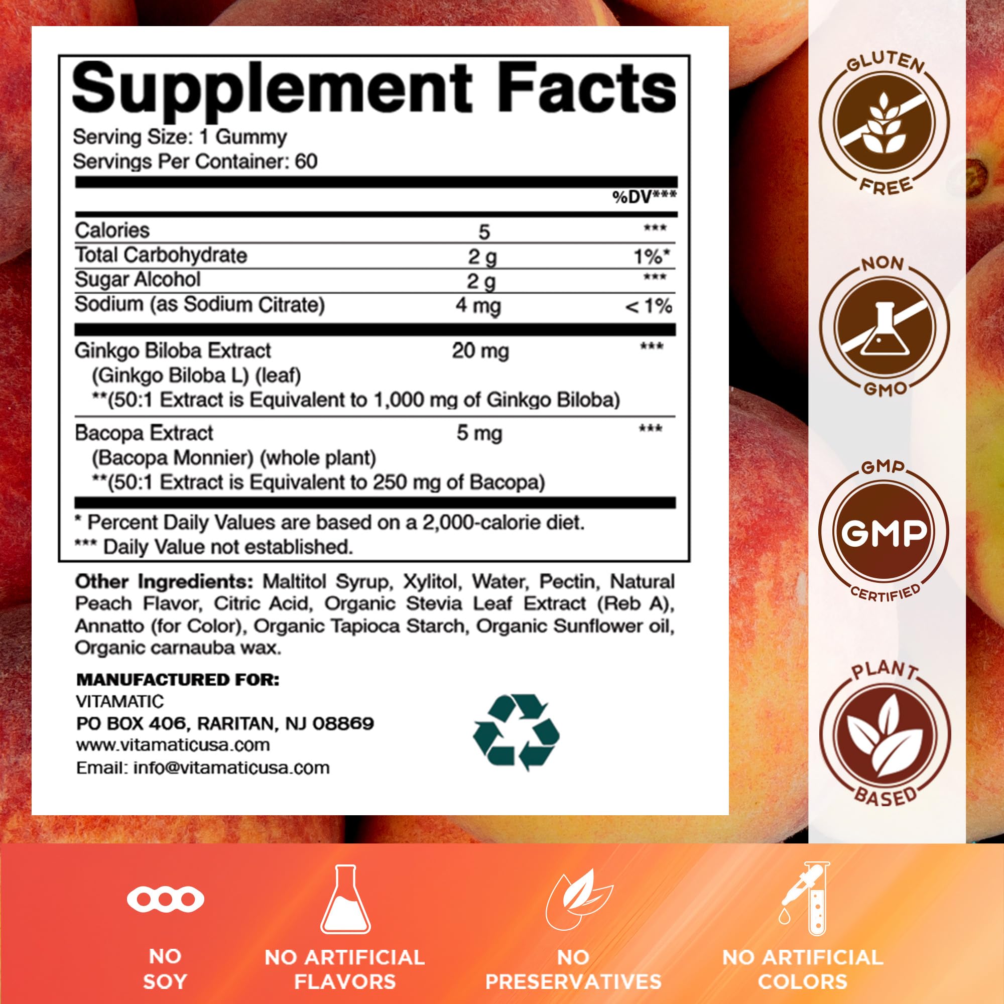 Vitamatic peach-flavor gummies bottle ready for daily brain health routine