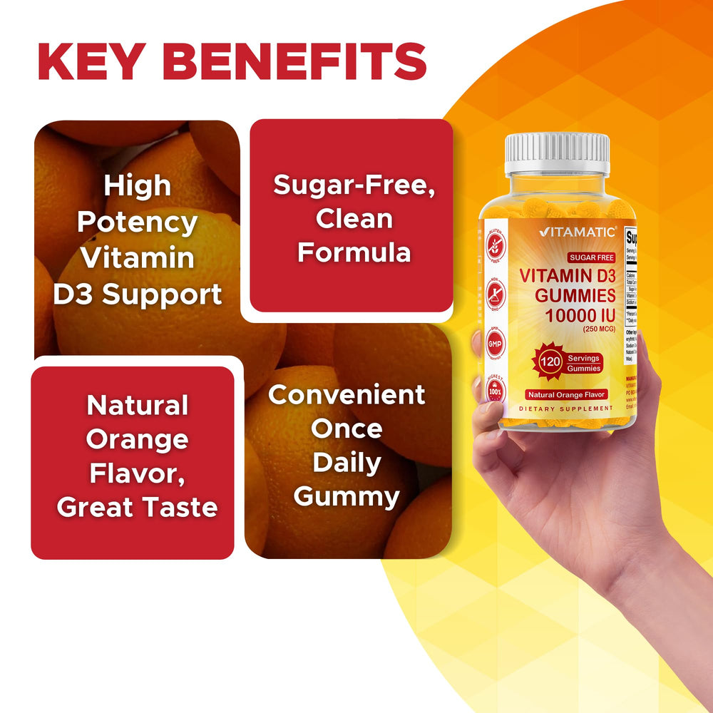 Pectin-based Vitamatic D3 gummies with smooth chew for daily use.