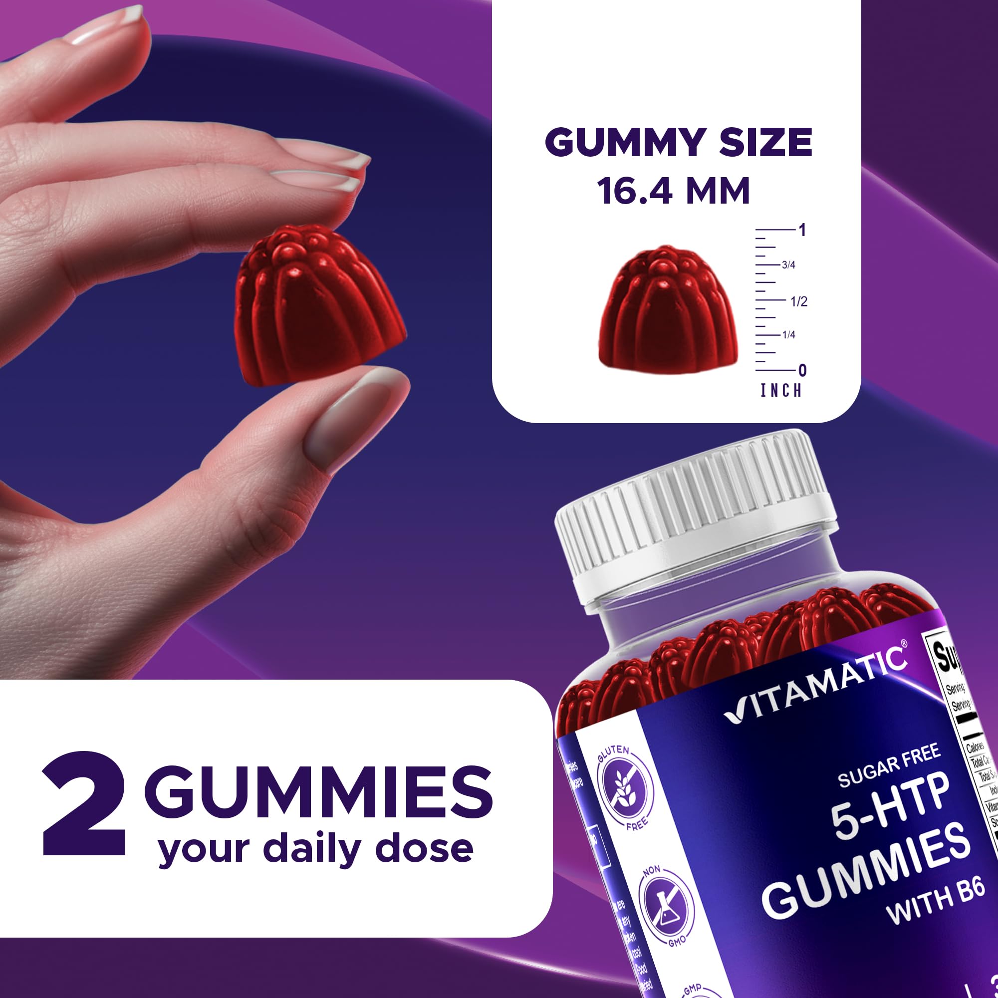 Vitamatic positive mood gummies closeup suggesting mood balance for daily calm