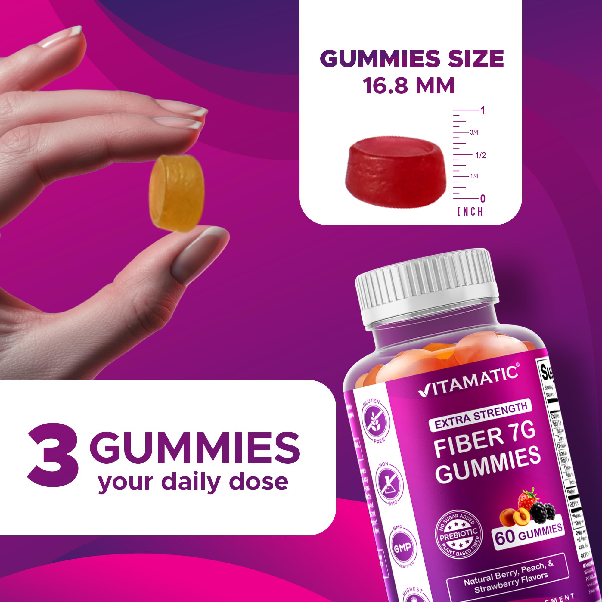 Vitamatic flavor swatch displays blackberry, peach, and strawberry for a tasty fiber boost.