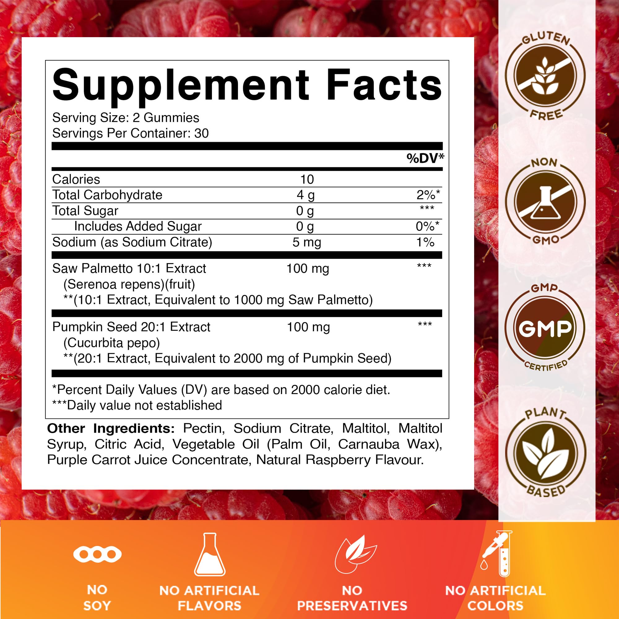 Vitamatic bottle label close-up highlighting Saw Palmetto and natural raspberry flavor