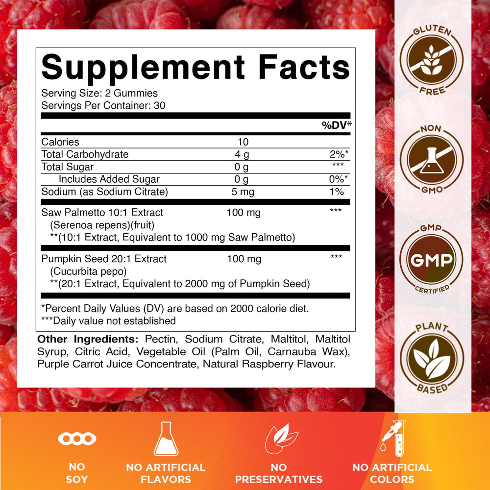 Vitamatic bottle label close-up highlighting Saw Palmetto and natural raspberry flavor