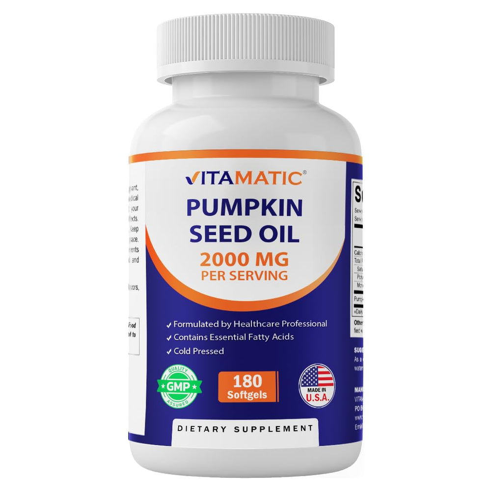 Vitamatic pumpkin seed oil bottle highlighting omega fatty acids for daily wellness.