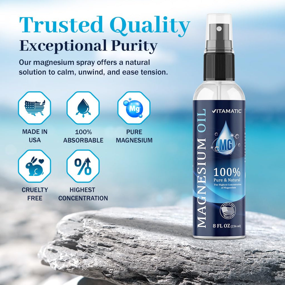 Vitamatic magnesium oil spray for relaxation and tension relief at night.