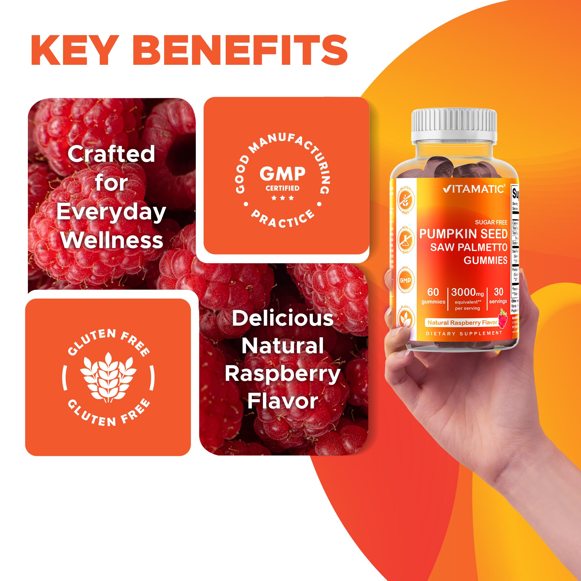 Vitamatic Saw Palmetto ingredient spotlight graphic with omega fatty acids