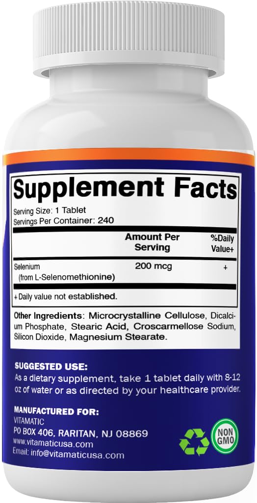 Vitamatic Selenio 200mcg, envase Estados Unidos, fabricación en EE. UU. con normas de calidad