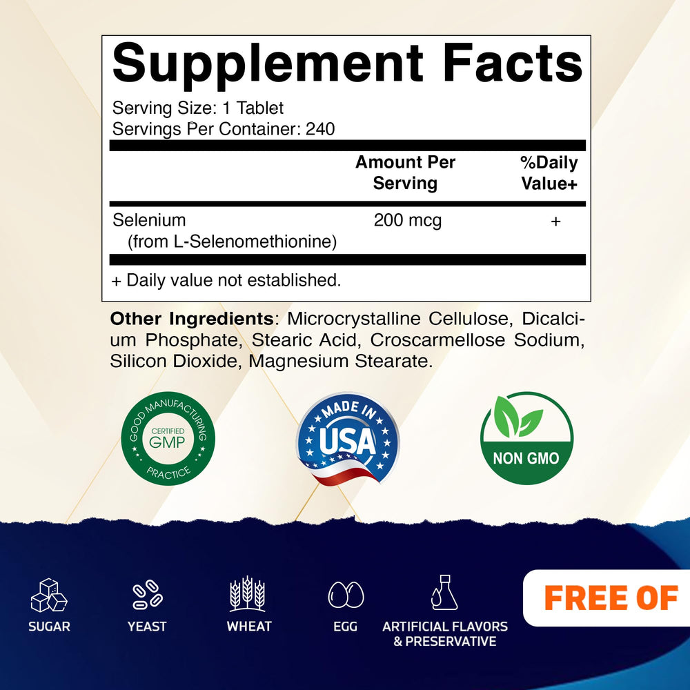 Vitamatic Selenio 200mcg, etiqueta cerca, muestra información clara y absorción superior