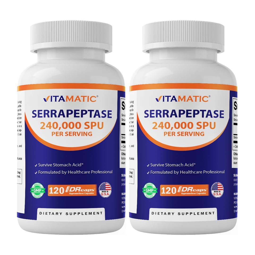 Vitamatic Serrapeptase bottle front showing label for daily enzyme support.