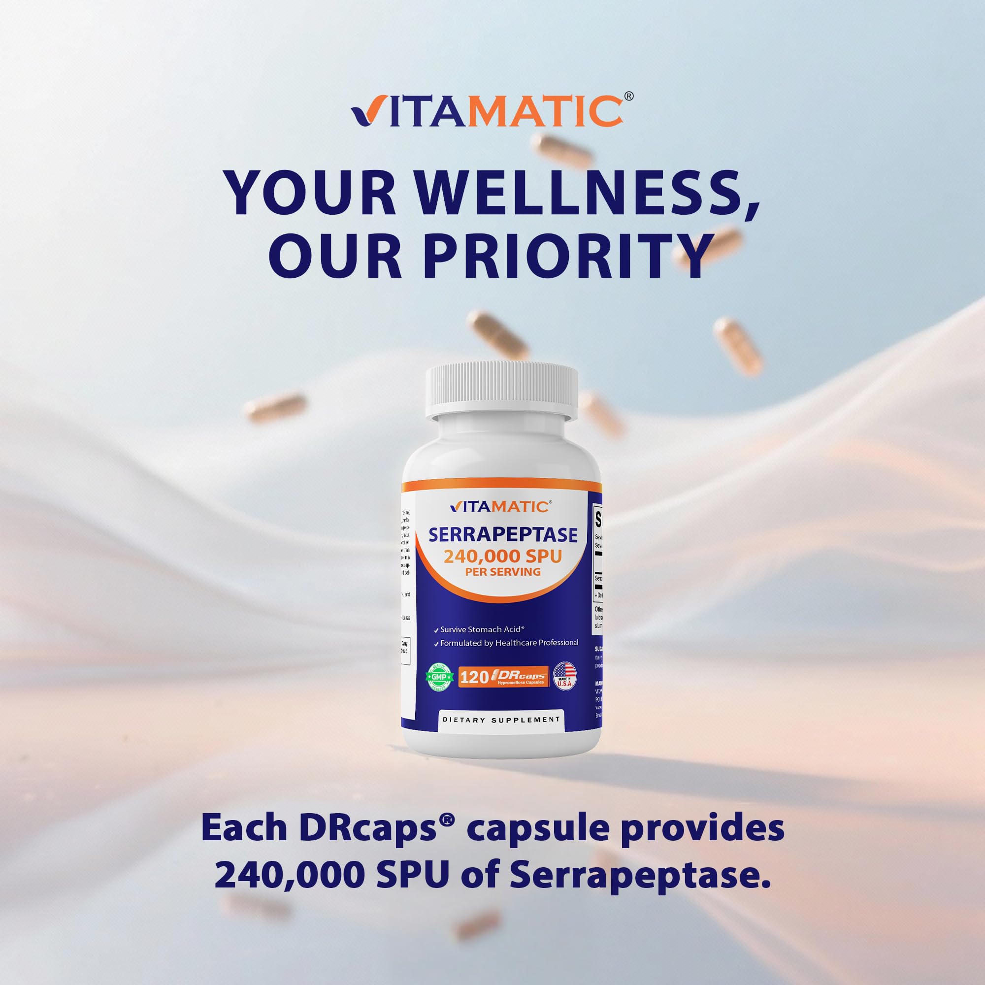 Diagram illustrating enteric coating on Vitamatic Serrapeptase capsules