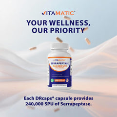 Diagram illustrating enteric coating on Vitamatic Serrapeptase capsules