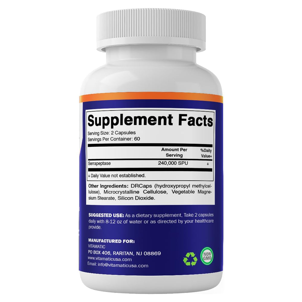 Vitamatic Serrapeptase gluten-free label on packaging highlighting dietary compatibility.