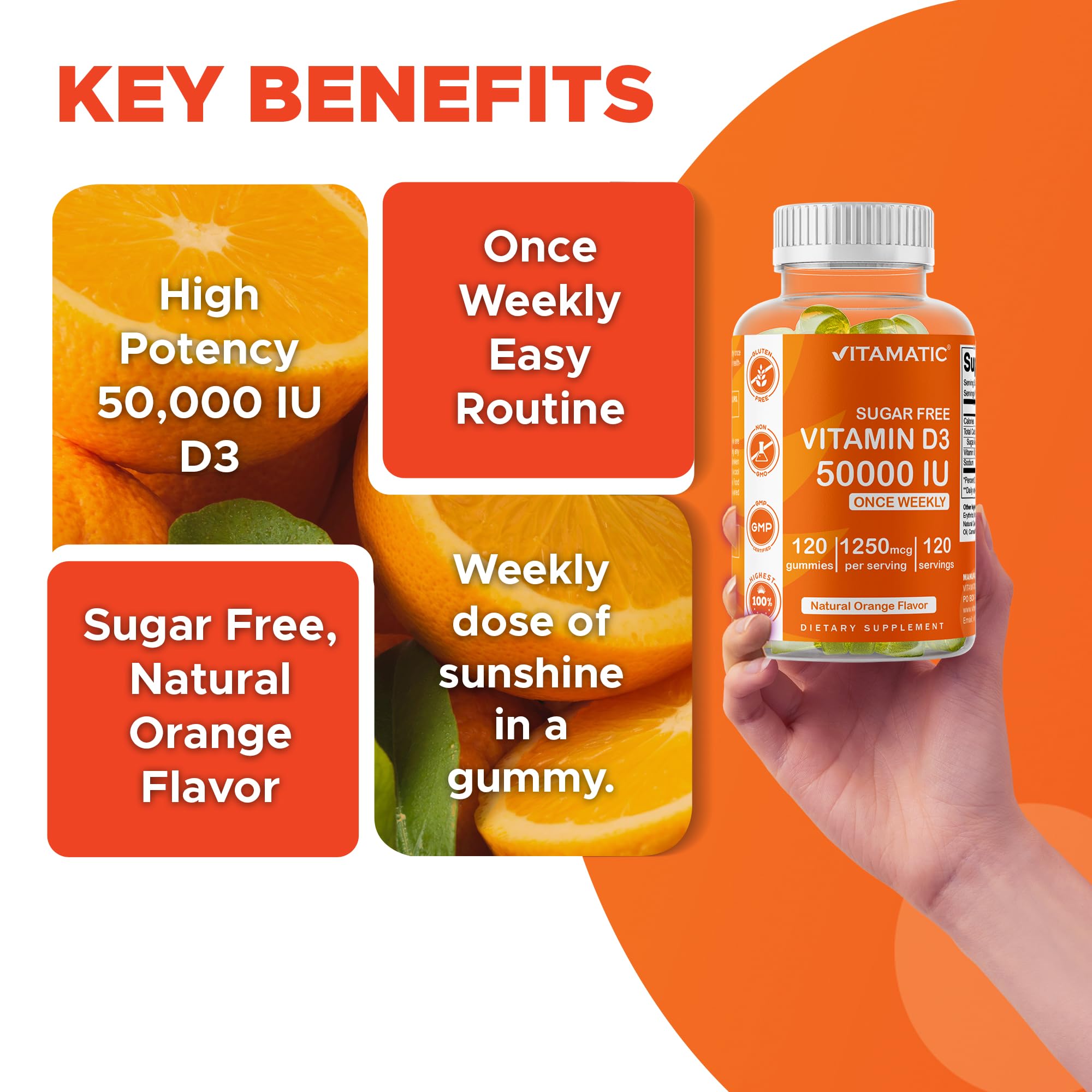Vitamatic soy, wheat, egg-free badge on packaging communicates allergen-friendly choice.