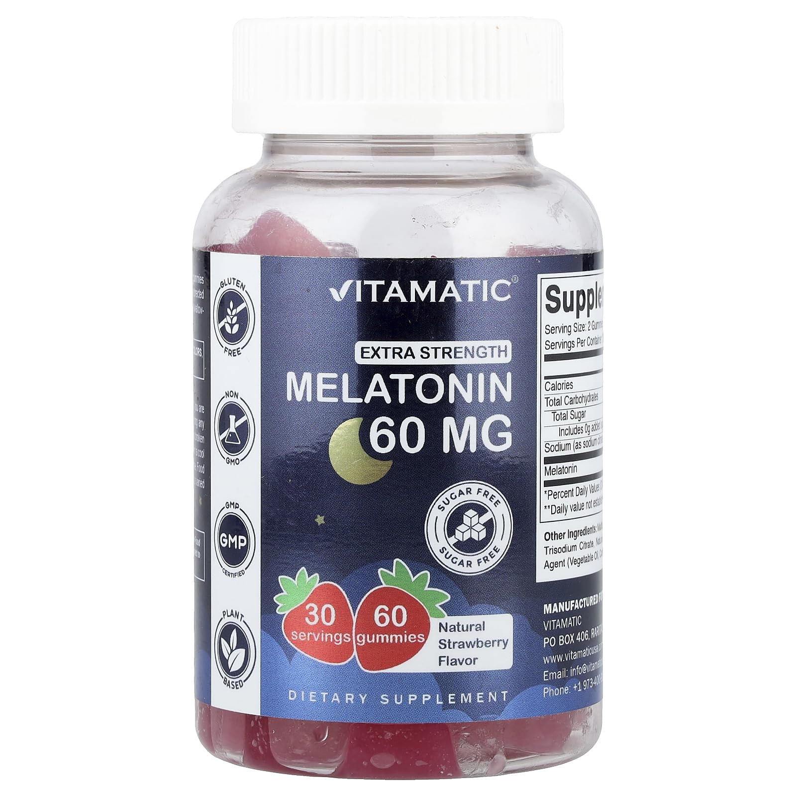 Vitamatic sugar-free melatonin 60mg gummies in a jar for restful nights and vegan use.
