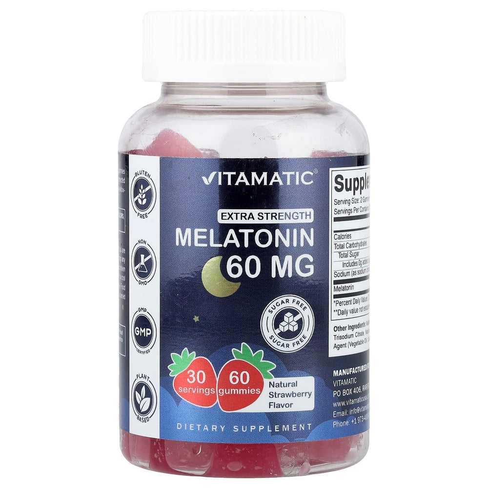 Vitamatic sugar-free melatonin 60mg gummies in a jar for restful nights and vegan use.