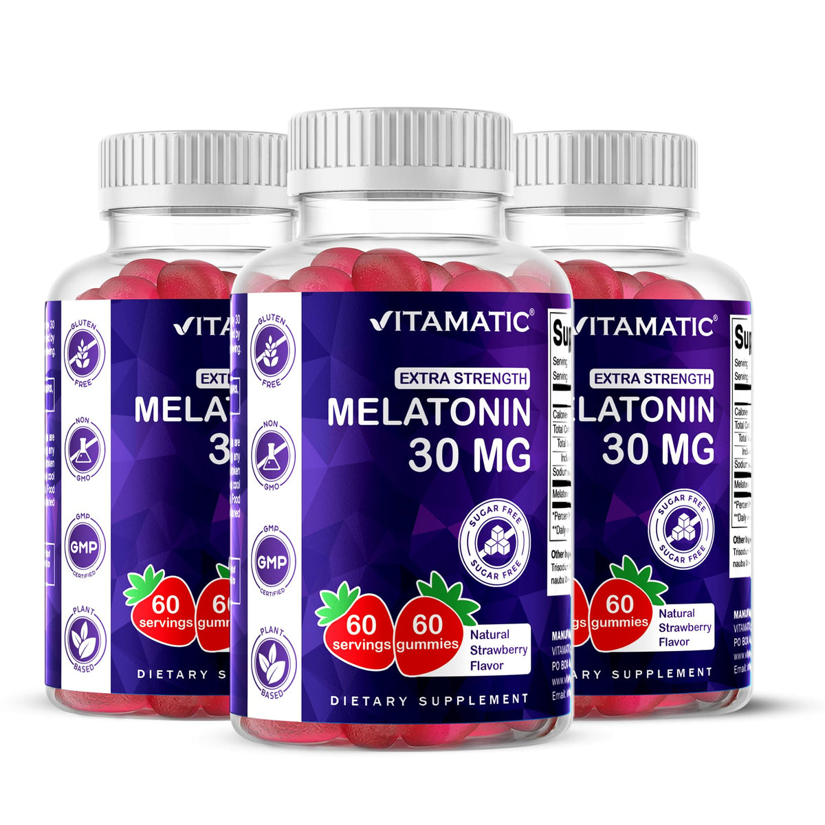 Vitamatic Sugar Free Melatonin bottle front promotes a calm bedtime routine