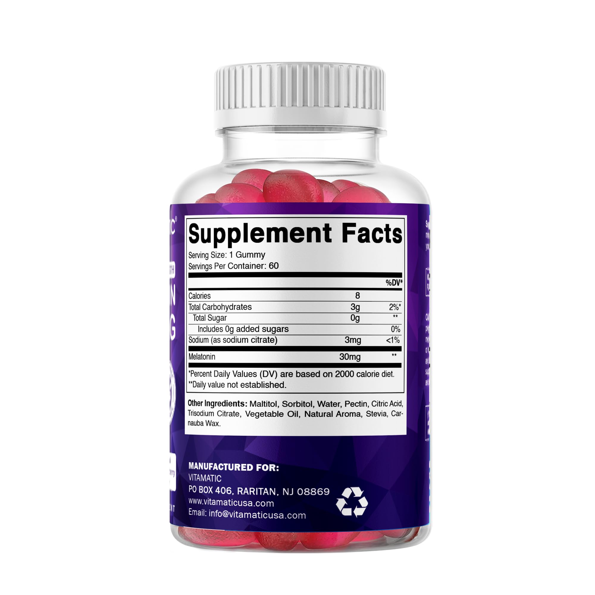 Vitamatic bottle with text banner emphasizes non-habit forming appeal