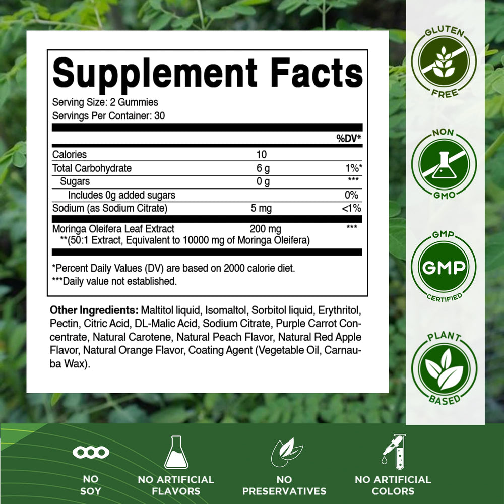 Vitamatic moringa gummies label close-up shows 50:1 extract potency.