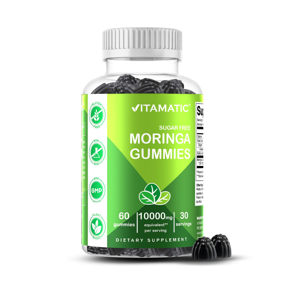 Vitamatic Sugar Free Moringa Gummies label for a clean vegan supplement