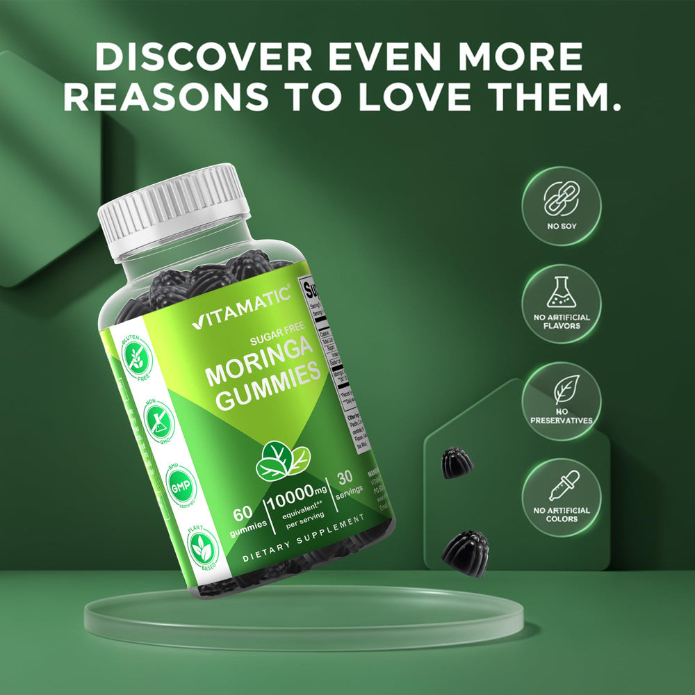 Vitamatic Sugar Free Moringa Gummies pack shot with bottle and gummies