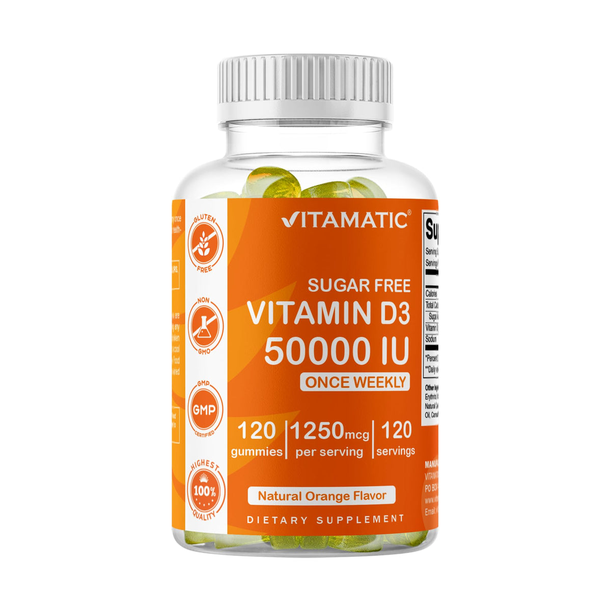 Vitamatic sugar-free vitamin D3 50,000 IU weekly gummies bottle for convenient daily supplementation.