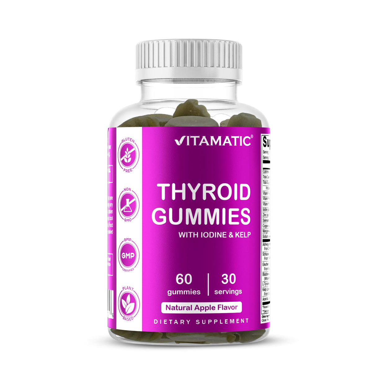Vitamatic thyroid gummies bottle shows apple-flavored chewables for daily energy potential