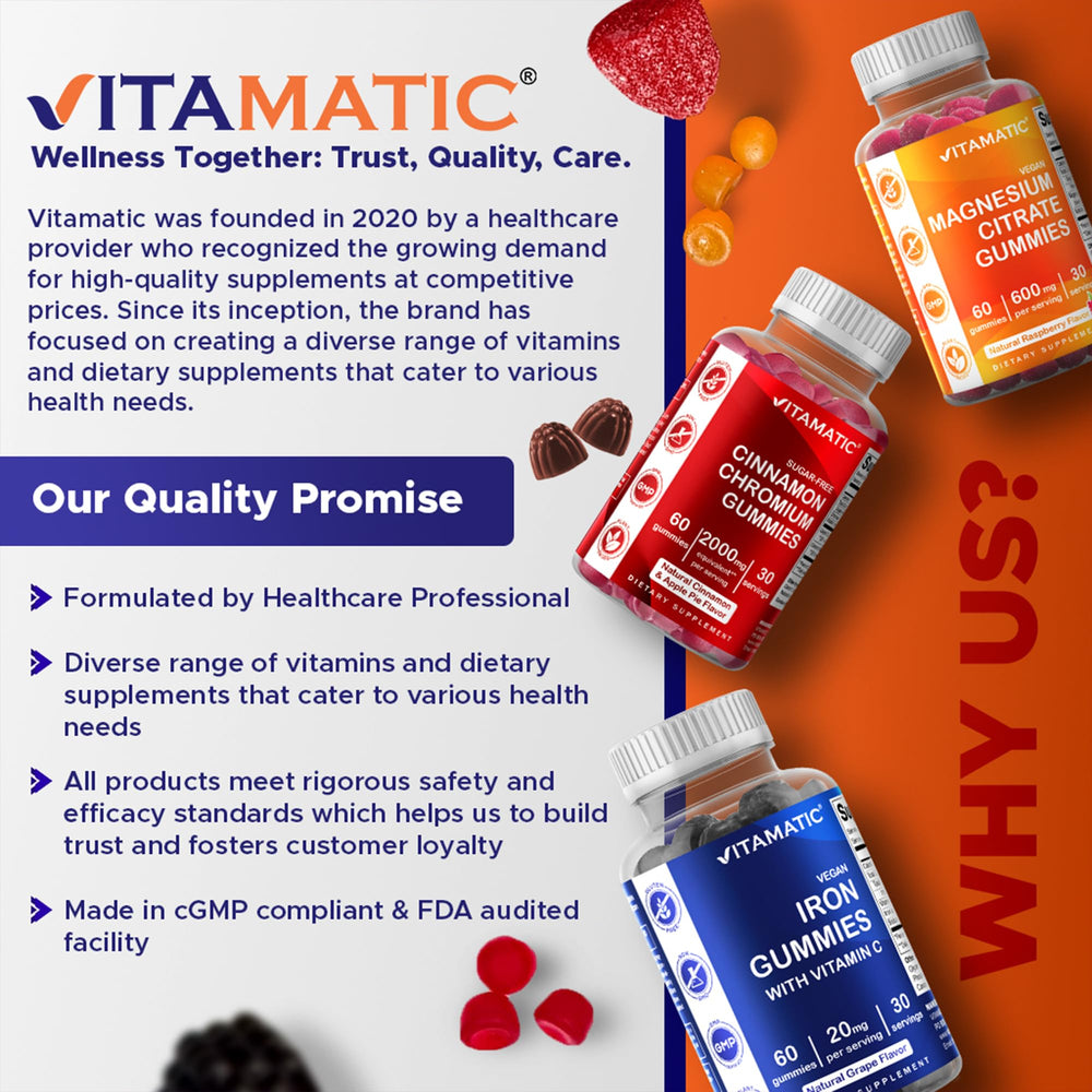 Vitamatic label close-up showcases vegan and allergen-free features