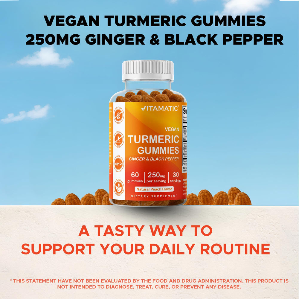 Vitamatic turmeric gummies bottle shot for on the go use