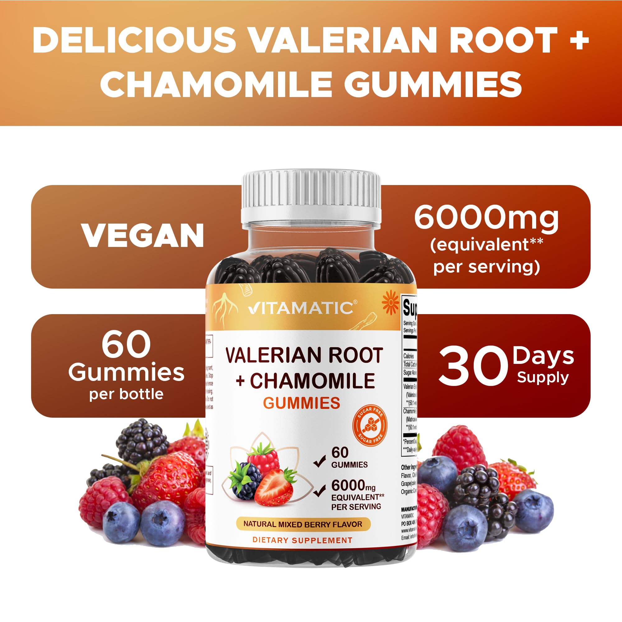 Back label verifying non-GMO and gluten-free credentials for Vitamatic gummies