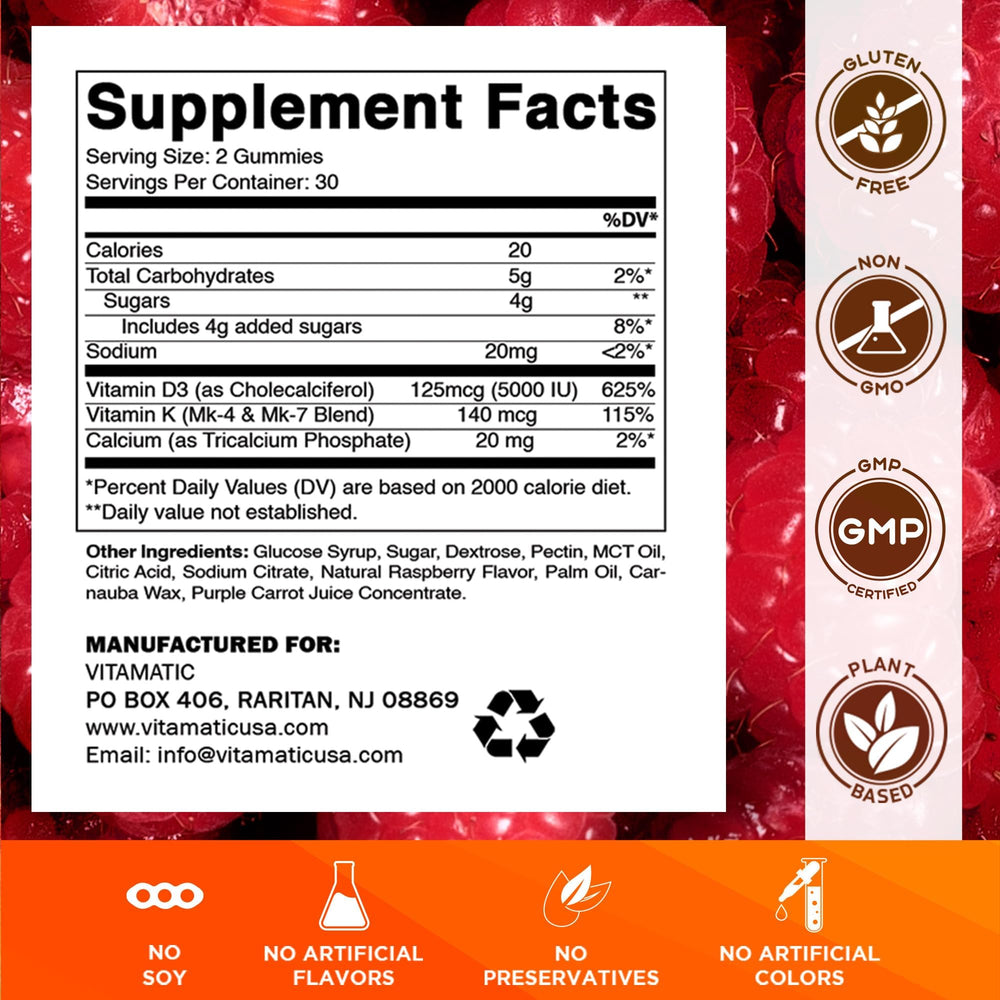Vitamatic Vitamin D3 + K2 Gummies bottle back label detailing ingredients